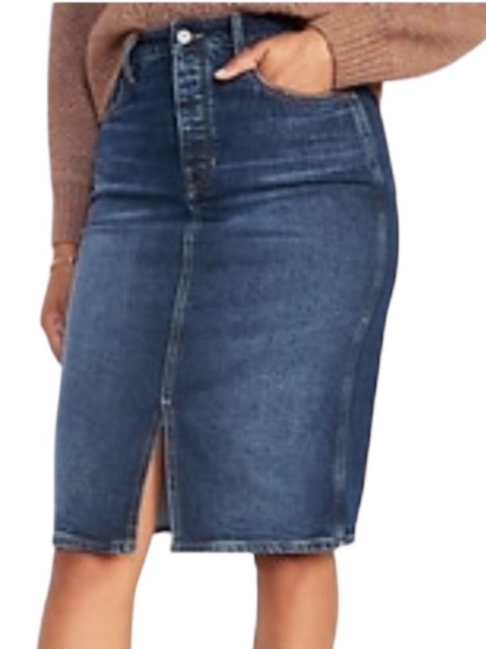 Old Navy Blue Denim Midi Skirt High Rise Secret Smooth Pockets Size 18 Classic
